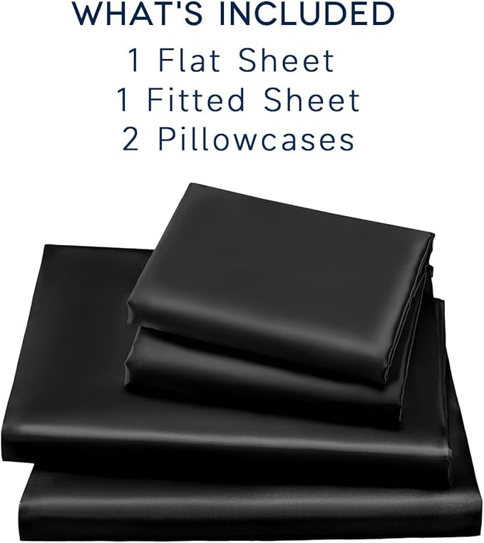 Satin Sheets Full Size - 4 Pieces Luxury Silky Soft Bed Sheets, Wrinkle-Free Black Satin Silk Sheet Set with 1 Deep Pocket Fitted Sheet, 1 Flat Sheet, 2 Pillow Cases
