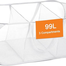 Durable Collapsible Foldable Mesh Pop Up Laundry Basket, 3 Compartments Easy to Carry & Sort Clothes Hampers for Home, Dorm, Travel White