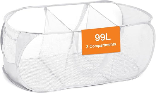Durable Collapsible Foldable Mesh Pop Up Laundry Basket, 3 Compartments Easy to Carry & Sort Clothes Hampers for Home, Dorm, Travel White