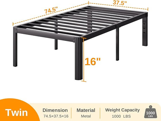 Askeld Bed Frame Twin, 16 Inch High Metal Platform Bed with Round Corner Leg, No Box Spring Needed, Heavy Duty Noise-Free Bed Base, Easy Assembly, Black