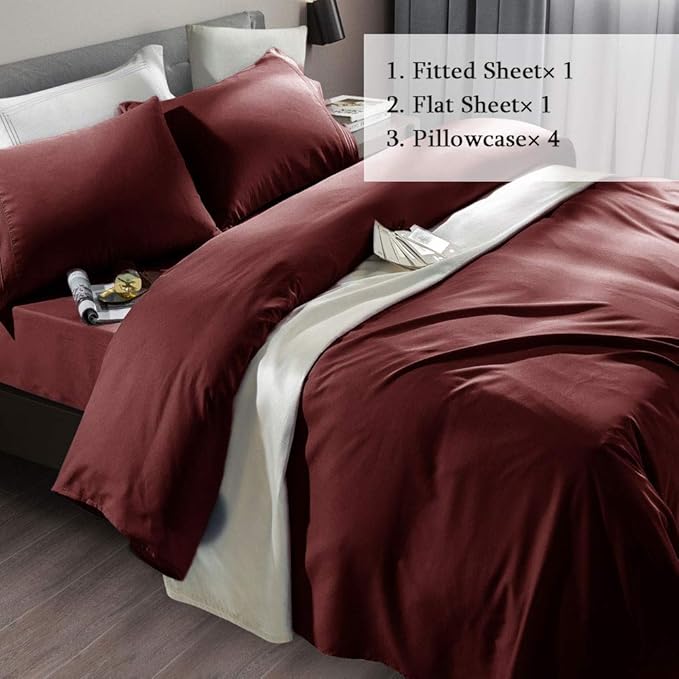 SONORO KATE Bed Sheet Set Super Soft Microfiber 1800 Thread Count Luxury Egyptian Sheets Fit 18-24 Inch Deep Pocket Mattress Wrinkle-6 Piece (Burgundy, Queen)