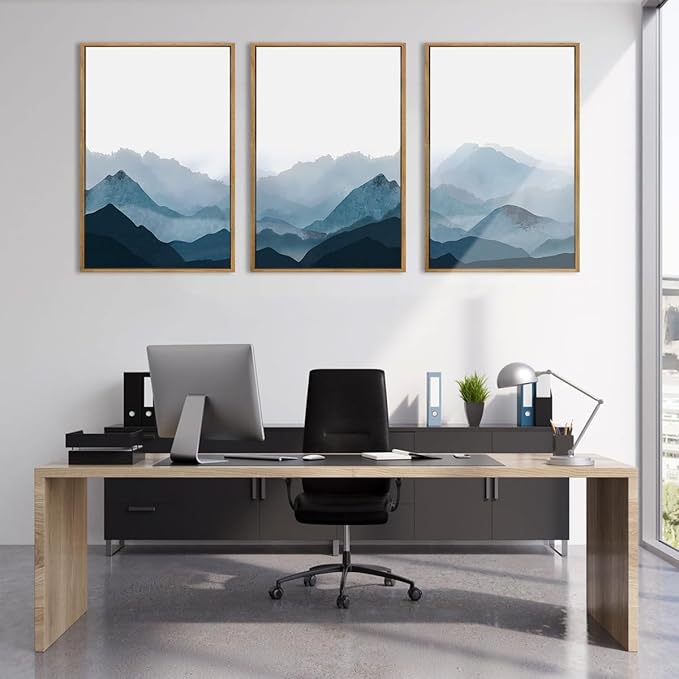 BINCUE Large Blue Mountain Wall Art Fog Blue Ridge Mountains Artwork for Living Room Bedroom Office 24x36 Inch Set of 3