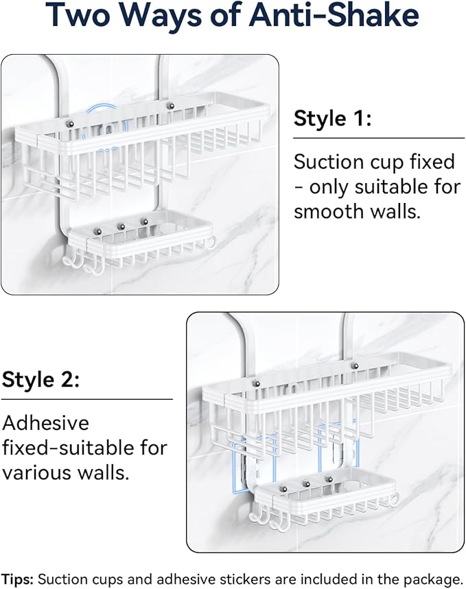YASONIC Shower Caddy - Never Rust Aluminum Organizer - Over Shower Head with 10 Hooks & Soap Basket - White