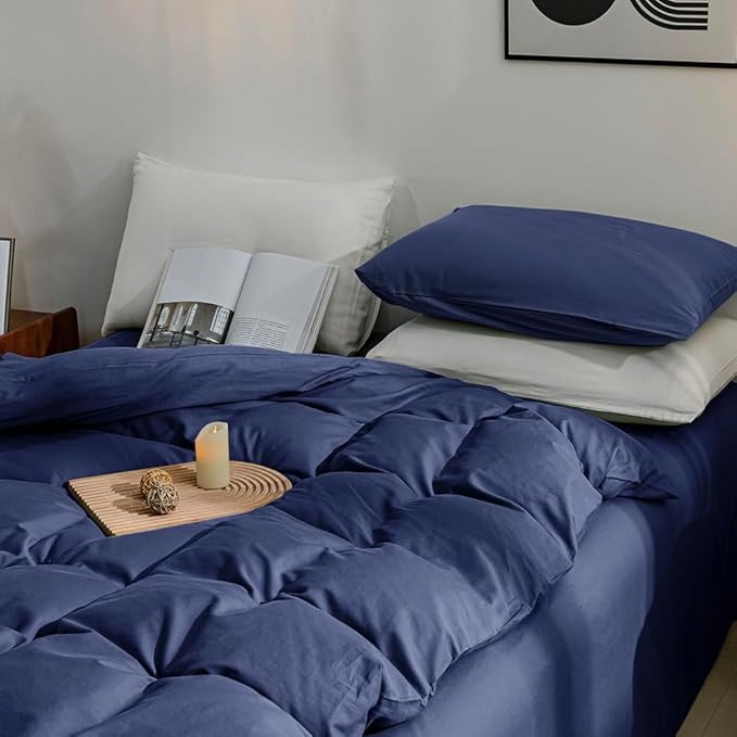JELLYMONI Cotton Duvet Cover California King - 100% Washed Cotton Linen Feel Textured Comforter Cover, 3 Pieces Soft Bedding Set with Zipper Closure (Navy Blue, Cal King 104"x98")