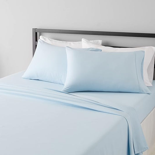 Amazon Basics Lightweight Super Soft Easy Care Microfiber 4-Piece Bed Sheet Set with 14-Inch Deep Pockets, Solid, King, Light Blue AmazonBasics