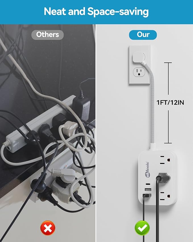 Short Extension Cord 1 ft - Flat Plug Small Power Strip No Surge Protetor with 3 Outlets 3 USB (1 USB C) Charging Ports, Multi Plug Small Outlet Splitter for Cruise Ship Home Office Dorm Room, White