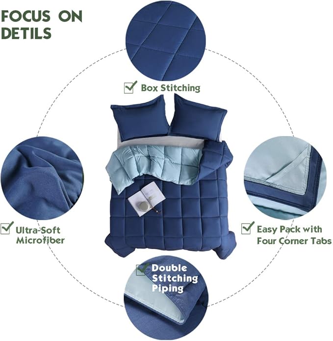 HIG 3pc Down Alternative Comforter Set - All Season Reversible Comforter with Two Shams - Quilted Duvet Insert with Corner Tabs - Box Stitched - Breathable, Soft (Full/Queen, Navy/Light Blue)