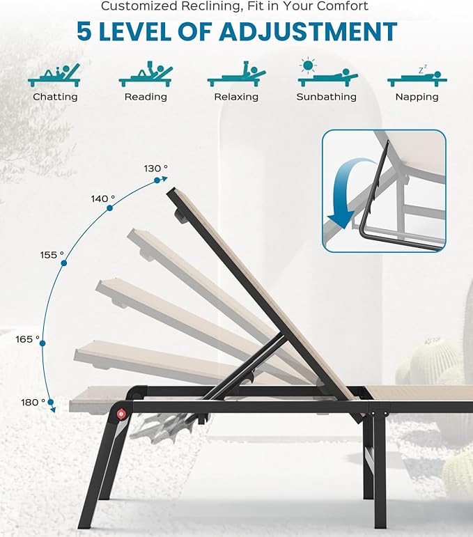 Foldable Pool Lounge Chairs, Aluminum Chaise Lounge Outdoor with 5 Positions Recliner - Free Assembly - Patio Lounge Chair for Poolside, Beach (Khaki)