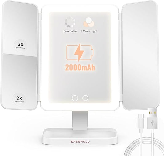 EASEHOLD Lighted Makeup Mirror, Rechargable Vanity Mirror with Magnification, 2X 3X, Trifold Makeup Mirror with Touch Control, 3 Color Dimmable LED Lights, Portable Make up Mirror, Gifts for Women