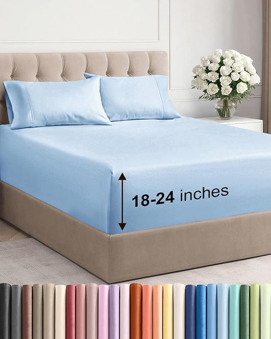 Extra Deep Pocket King Sheets - 4 Piece Breathable & Cooling Bed Sheets - Hotel Luxury Bed Sheet Set - Soft, Wrinkle Free & Comfy - Easily Fits Extra Deep Mattresses - Deep Pocket Light Blue Sheets