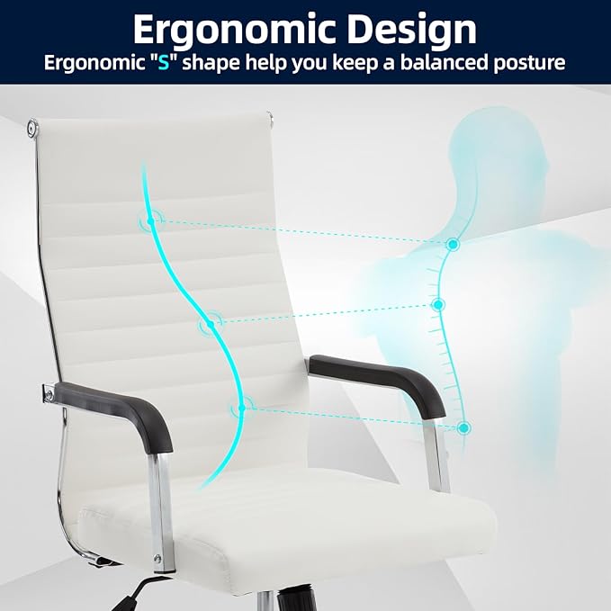 Office Chair, Ergonomic Executive Conference Room Chairs, Ribbed Leather Desk Chair with Lumbar Support, Adjustable Height Mid-Back Swivel Chair (Square Tube Armrests, White)
