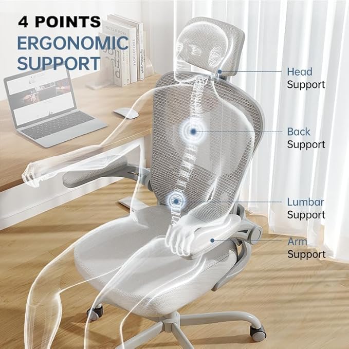 Office Chair Ergonomic Desk Chair, 330LBS Capacity, High Back Computer Chair for Long Hours Comfortable, Rolling Swivel Executive Task Chair for Home Office with Flip-up Armrests（Grey）