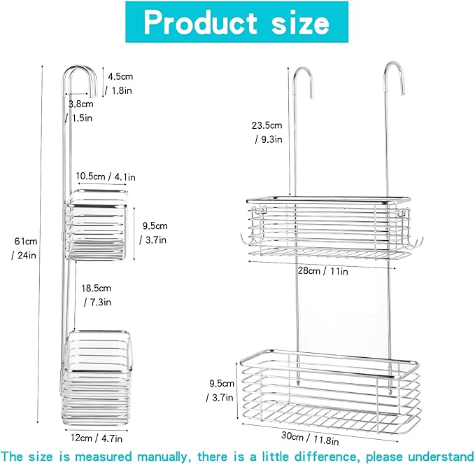 YQh Stainless steel double-layer shower rack, shower room hanging bathroom organizer, storage rack installed on the hanging bar or door, can store shampoo, hair conditioner, shower gel (double)