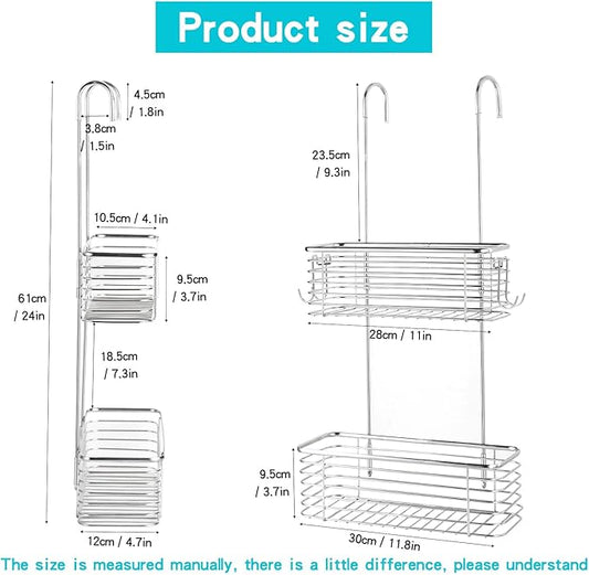 YQh Stainless steel double-layer shower rack, shower room hanging bathroom organizer, storage rack installed on the hanging bar or door, can store shampoo, hair conditioner, shower gel (double)