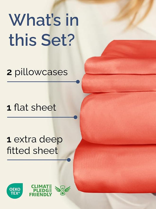 Extra Deep Pocket Queen Sheet Set - 4 Piece Breathable & Cooling Bed Sheets - Hotel Luxury Sheet Set - Ultra Soft, Wrinkle Free & Comfy - Easily Fits Extra Deep Mattresses - Deep Pocket Coral Sheets