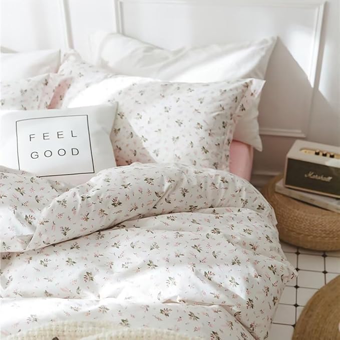MKXI Pink Floral Girls Comforter Set Cute Bed Quilt Set Fluffy Bedding Set White Patterned Comforter 90"x90" Simple Queen Size Comforter Set