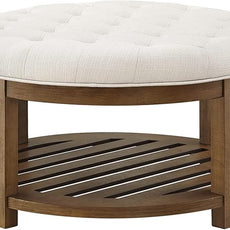 24KF Large Round Upholstered Tufted Linen Ottoman Coffee Table, Large Footrest Ottoman with Wood Shelf Storage-Ivory