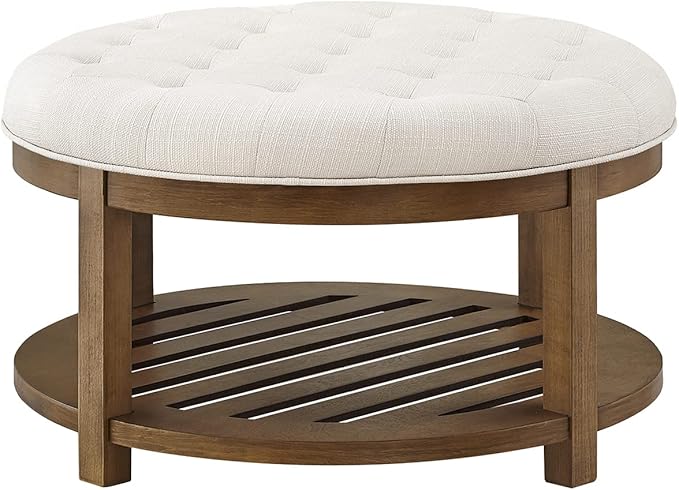 24KF Large Round Upholstered Tufted Linen Ottoman Coffee Table, Large Footrest Ottoman with Wood Shelf Storage-Ivory