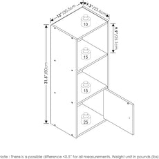 Furinno LUDER Book Shelf, 3-Tier Modern Bookshelf, Bookcase with 1 Door Storage Cabinet, 9.3 x 12 x 31.5, for Living Room, Bedroom, Home Office, White