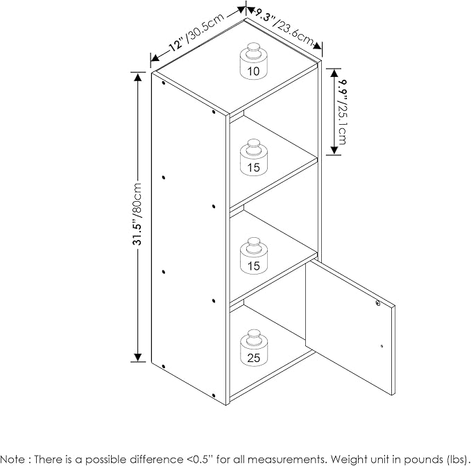 Furinno LUDER Book Shelf, 3-Tier Modern Bookshelf, Bookcase with 1 Door Storage Cabinet, 9.3 x 12 x 31.5, for Living Room, Bedroom, Home Office, White