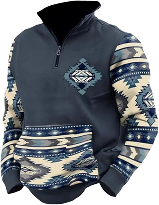 Western Sweatshirts for Men Aztec Cowboy Vintage Graphic Fleece Hoodie Mens Quarter Zip Pullover Country Jacket