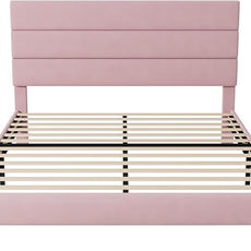 Allewie Full Size Platform Bed Frame with Velvet Upholstered Headboard and Wooden Slats Support, Fully Upholstered Mattress Foundation/No Box Spring Needed/Easy Assembly, Pink