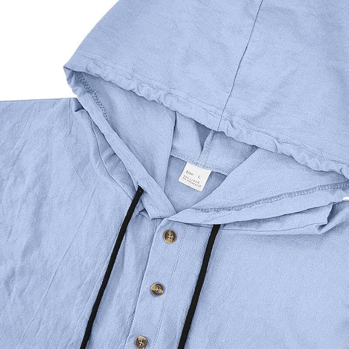 Men's Linen Blend Hoodie Long Sleeve Henley Pullover Sweatshirt Casual Loose Fit Top for Workout Beach Wear