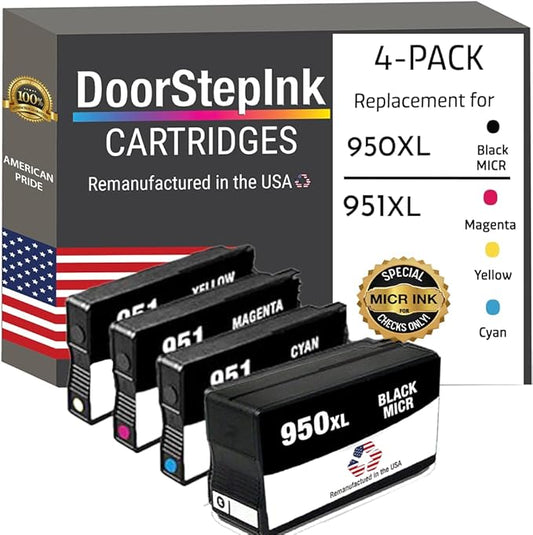 DoorStepInk 950XL Black MICR & 951XL Cyan, Magenta, Yellow Remanufactured Ink Cartridge Replacement for HP 950XL/951XL — Compatible with OfficeJet Pro 8610/8620/8630/8600/8710/8720 — High Yield 4-Pack
