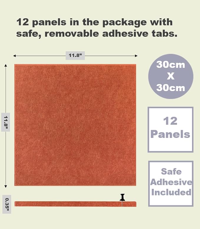 Felt Wall Tiles | Large Cork Board Alternative | Aesthetic Felt Bulletin Board for Office, Home & Classroom | Large Cork Boards for Walls Pinboard (12-Pack) | Dark Orange