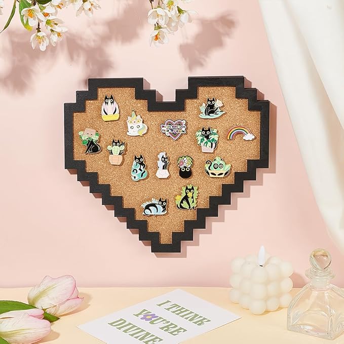 BENECREAT Pin Board Pixel Heart Cork Board, 0.8inch Thick Wall Mounted Cork Board Bulletin Display Board for Brooch Pin Storage, Office Home Festival Home Decor, 9x7.9inch