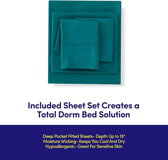 Dorm Room Essentials College Bedding Comforter Set 5 Piece Twin XL Size Bed in a Bag for College Students Boys and Girls, Twin XL, Teal