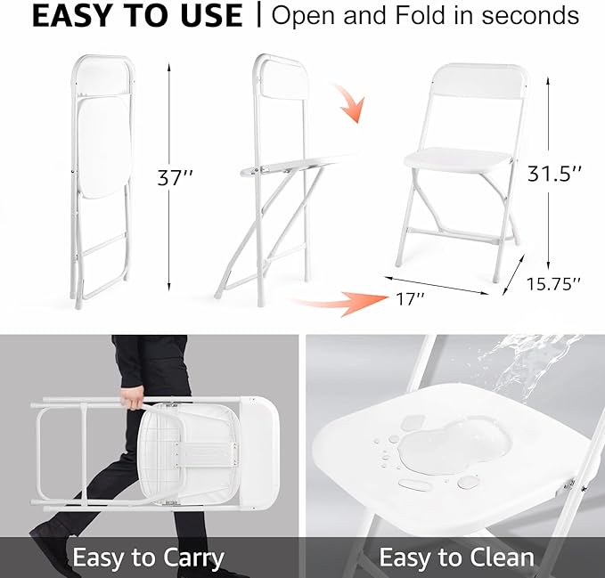 8 Pack White Folding Chairs, Portable Stackable Commercial Foldable Chair, Indoor Outdoor Plastic Folding Chair for Events/Office/Home/Wedding/Party, 400lbs Capacity