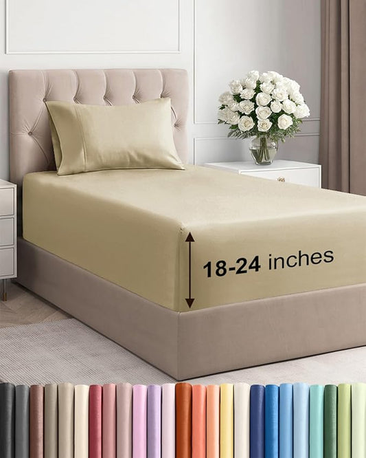 Extra Deep Pocket Twin Sheets - 3 Piece Breathable & Cooling Bed Sheets - Hotel Luxury Bed Sheet Set - Soft, Wrinkle Free & Comfy - Easily Fits Extra Deep Mattresses - Deep Pocket Beige Sheets Set