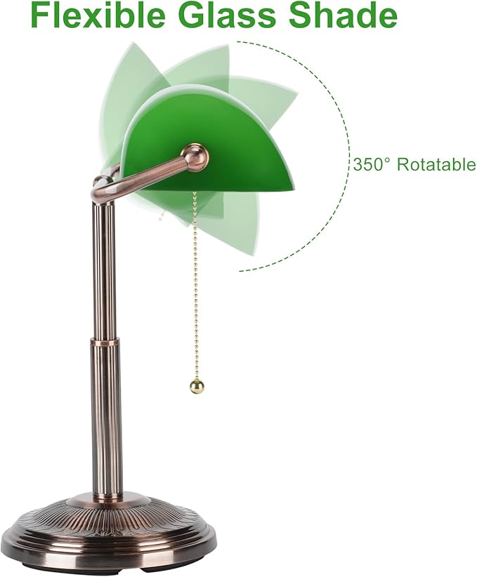 LINNMON Bankers Desk Lamp, Green Retro Lamp, Vintage Lamp with Pull Chain Switch for Home Office (Copper+Green)