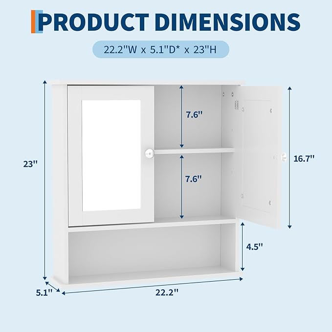 22.2 Inch Mirrored Medicine Cabinet for Bathroom, Over Toilet Wall-Mounted Storage Cabinet with Adjustable Shelf, Waterproof MDF Cabinet for Bathroom Organization
