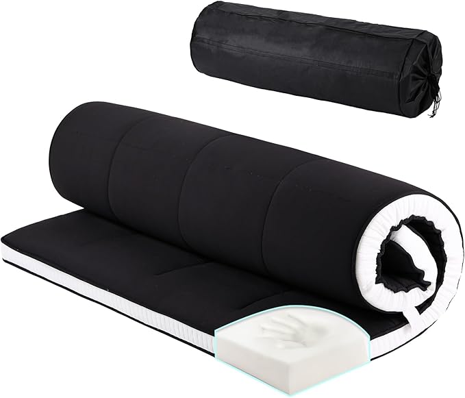 Tiita Queen Memory Foam Mattress Topper, 4" Thicken Futon Floor Mattress with Storage Bag and 2 Straps, Portable Roll Up Travel Car Camping Mattress Sleeping Pad, Black