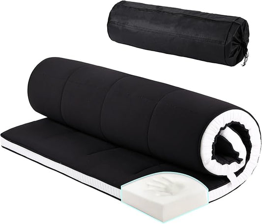 Tiita Queen Memory Foam Mattress Topper, 4" Thicken Futon Floor Mattress with Storage Bag and 2 Straps, Portable Roll Up Travel Car Camping Mattress Sleeping Pad, Black