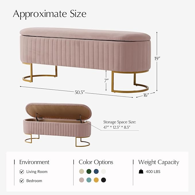 EcoHarbor Living 50.5" Storage Bench Hallway Ottoman,Upholstered End of Bed Bench Velvet with Gold Legs,Flipping Lid Entryway Footrest