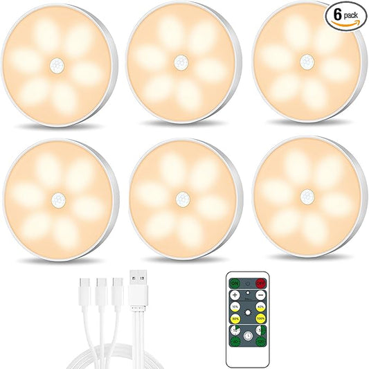 Warm Color LED Closet Lights Motion Sensor Puck Light, USB Rechargeable Battery Operated Puck Step Lights, Dimmable Under Cabinet Lighting for Counter Wardrobe Kitchen (6 Pack)