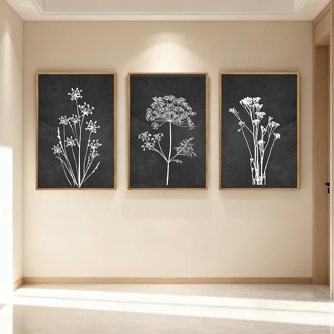 BINCUE Framed Botanical Wall Art Black Grey and White Plant Floral Print Canvas for Living Room Bedroom Office 3 Panel 16x24 Inches