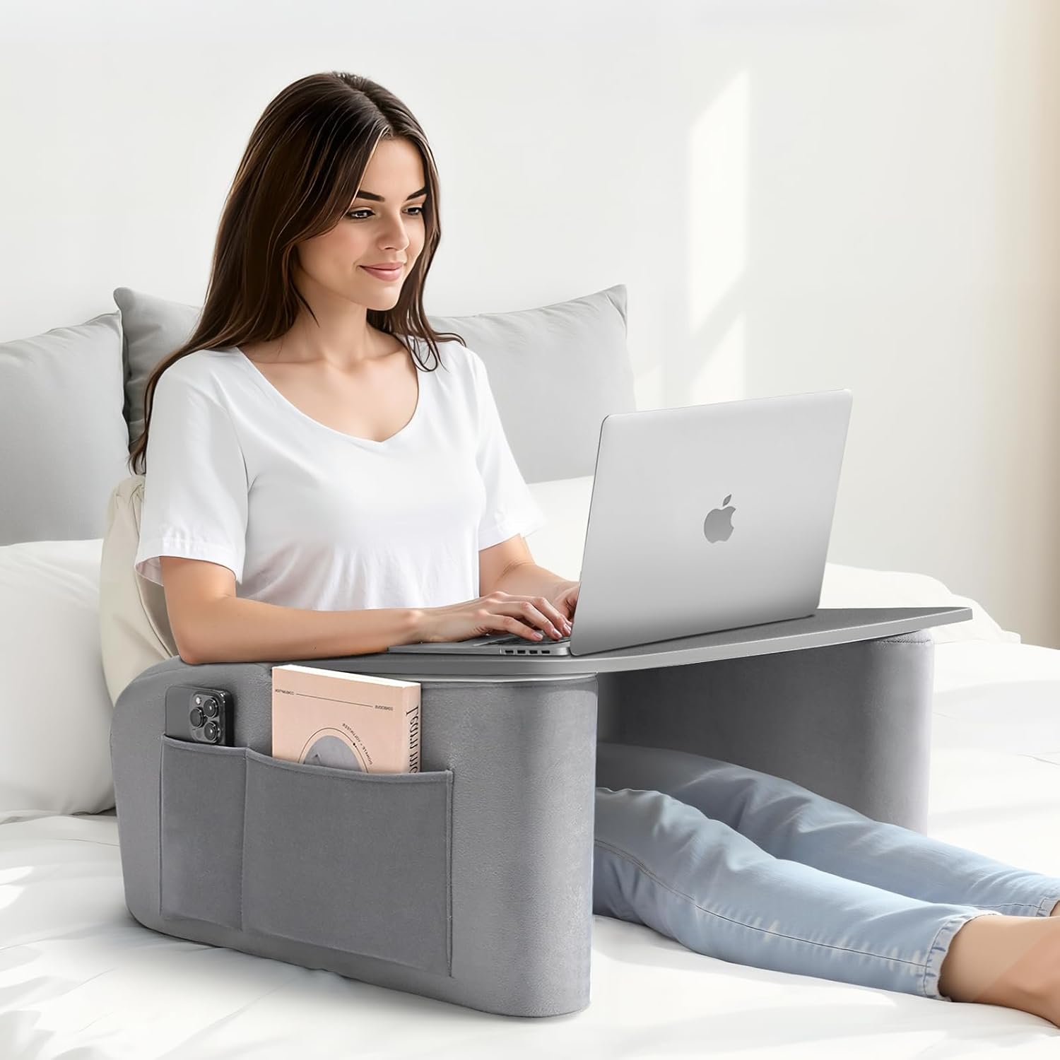 Reading Pillow for Gaming with Ergonomic Arm Rests, Wooden Lap Desk for Laptop, Support Pillow with Side Pockets for Reading, Writing, Working, Gaming on Bed, Couch or Floor (Gray, Large)