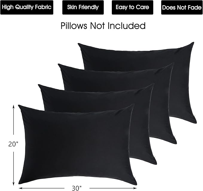 Cotton Pillow Protectors/Cases Queen Size with Zipper 4 Pack Black Color,Cooling & Breathable Bed Pillow Protectors Set of 4 Pillow Cases Cover (Queen Size 20" x 30")
