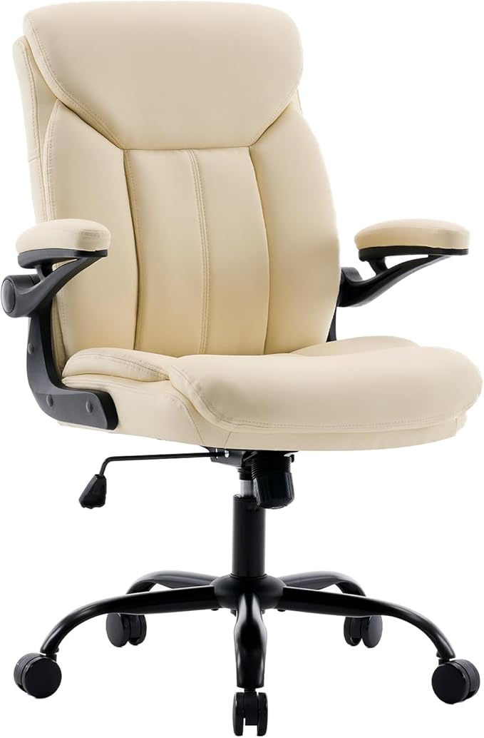 Office Chair, Ergonomic Computer Chair with Flip-up Arms Home Desk Chairs Comfy PU Leather Executive Mid Back Support Adjustable Height Tilt Lock Swivel Rolling Wheels, Beige
