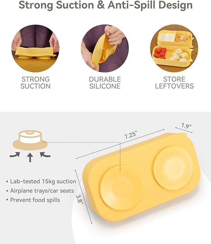 Portable Baby Plates with Suction, 6Pcs Travel Silicone Feeding Set for Toddlers, Foldable, Non-Slip Dishwasher Safe Plates & Utensils, BPA Free, Cat Design Gift Ready(Pale Yellow)