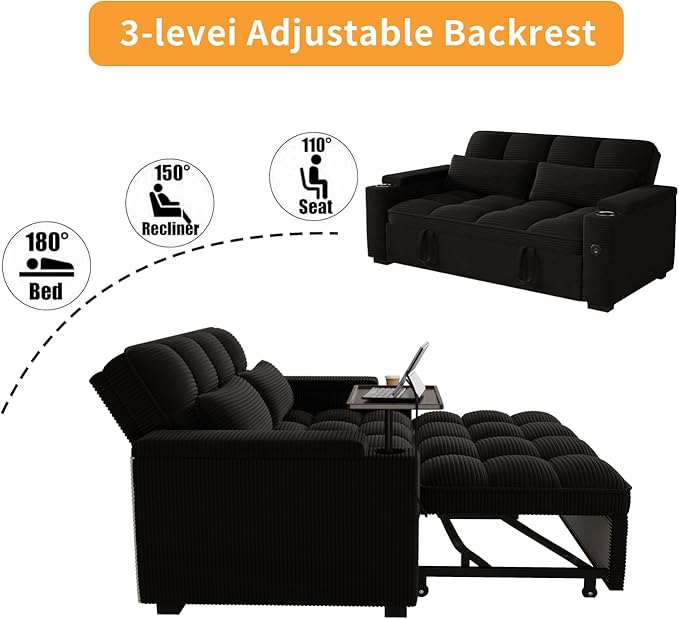 65" Sofa Bed, Loveseat 3-in-1 Sleeper Sofa with Pull Out Bed, 360° Swivel Side Table and USB, 2 Seater Convertible Small Couch for Living Room Apartment (Black, Corduroy)