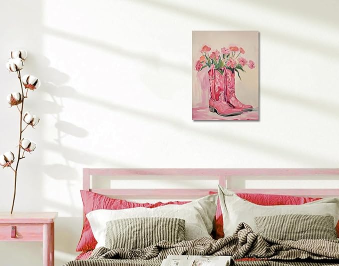 Julaydi Floral Cowgirl Boots Wall Art Pink Cowboy Boots with Flower Painting Western Aesthetic Canvas Prints Poster Trendy Preppy Girls Room Decor Picture for Living Room Bedroom Dorm 12x16in Framed