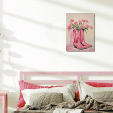 Julaydi Floral Cowgirl Boots Wall Art Pink Cowboy Boots with Flower Painting Western Aesthetic Canvas Prints Poster Trendy Preppy Girls Room Decor Picture for Living Room Bedroom Dorm 12x16in Framed