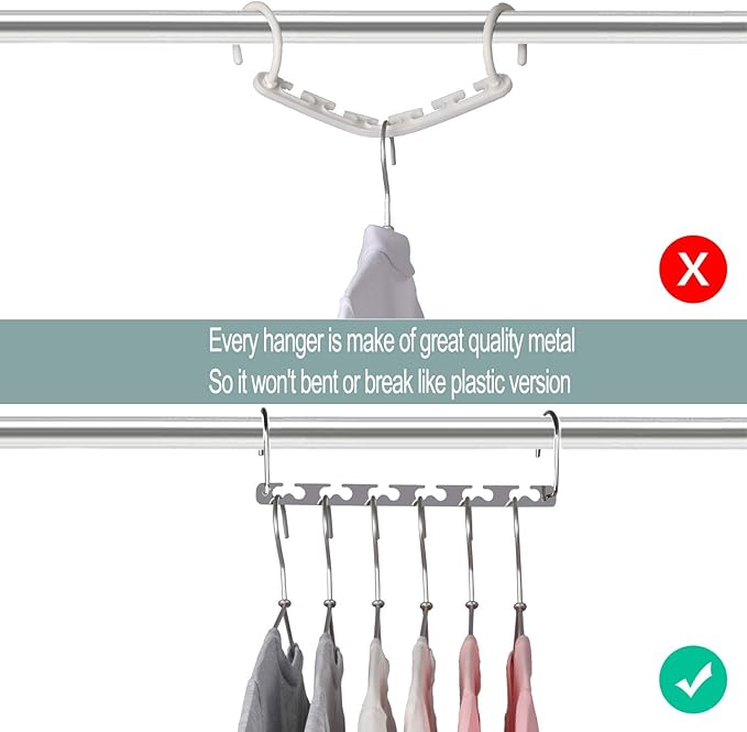 Meetu Space Saving Multifunctional Clothes Hangers - Stainless Steel 6X2 Slots Magic Cascading Hanger With Updated Hook Design - Closet Organizer (Pack of 20)