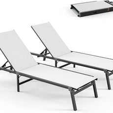 Pool Lounge Chairs Set of 2, Foldable Aluminum Chaise Lounge Outdoor with 5 Positions Recliner - Free Assembly - Patio Chaise Lounge Chair for Poolside, Beach, Yard (White, 2 Pack)