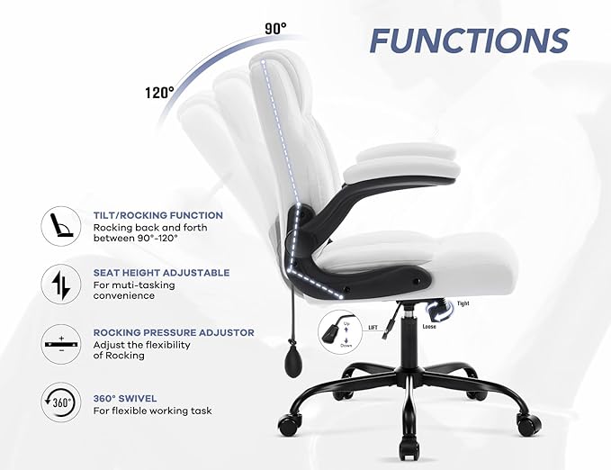 Office Chair with Adjustable Inflatable Lumbar Support,Leather Ergonomic Computer Desk Chair with Flip-up Arms,Adjustable Tilt Lock,Swivel Rolling Executive PC Chair for Work,Study,Meeting.White